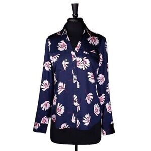 Express Blue Puff Sleeve Blouse with Mandarin Collar